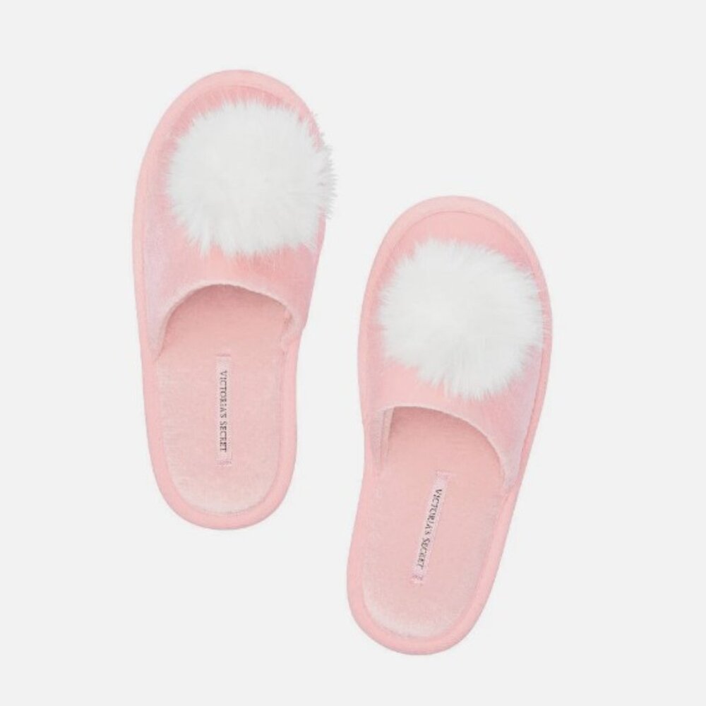 New Victoria's Secret Slippers Small 5 6 Pink Velour White Pom NWT
